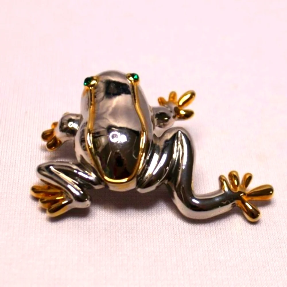 Silver and Gold Trimmed Frog Brooch with Green Eyes